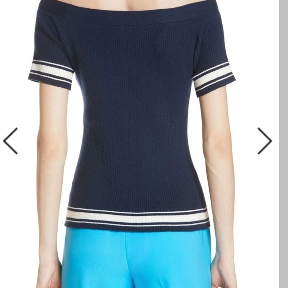 FRAME Striped Ribbed Off-the-Shoulder Navy Sweater - Picture 2 of 4